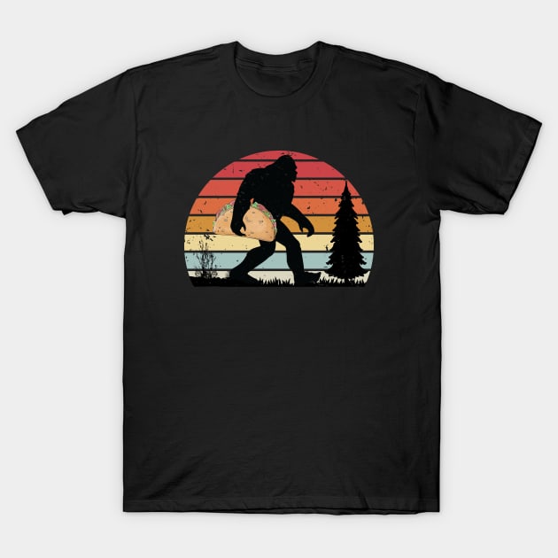 retro vintage 80s Bigfoot Sasquatch Yeti hold a tacos T-Shirt by PhiloArt